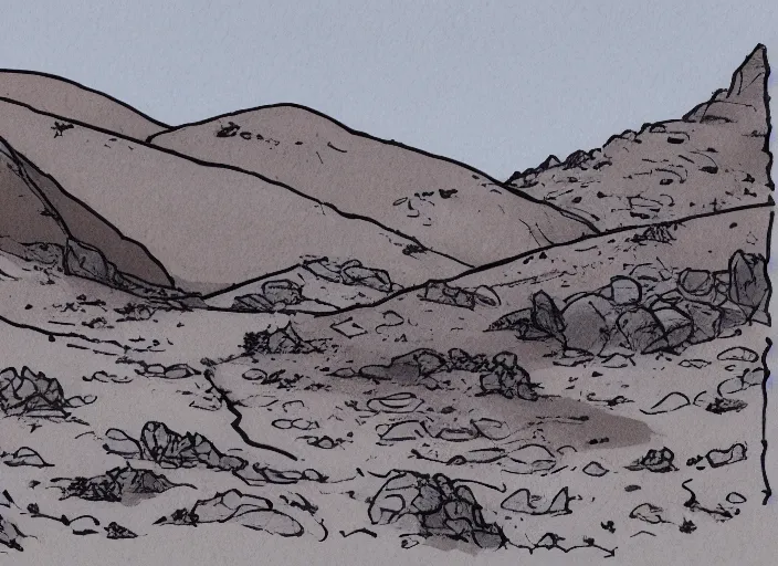 Prompt: illustration of a desert landscape, (inktober), line art, ((water color)), by Bill Waterson, By Jake Parker