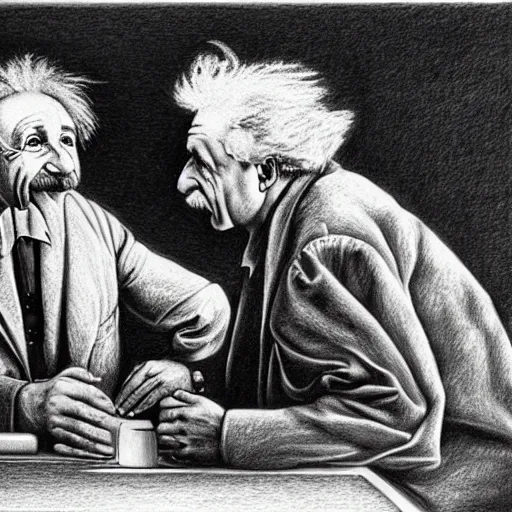 Image similar to Einstein and Newton speaks each other on a topic, pencil drawing, ultra detailed