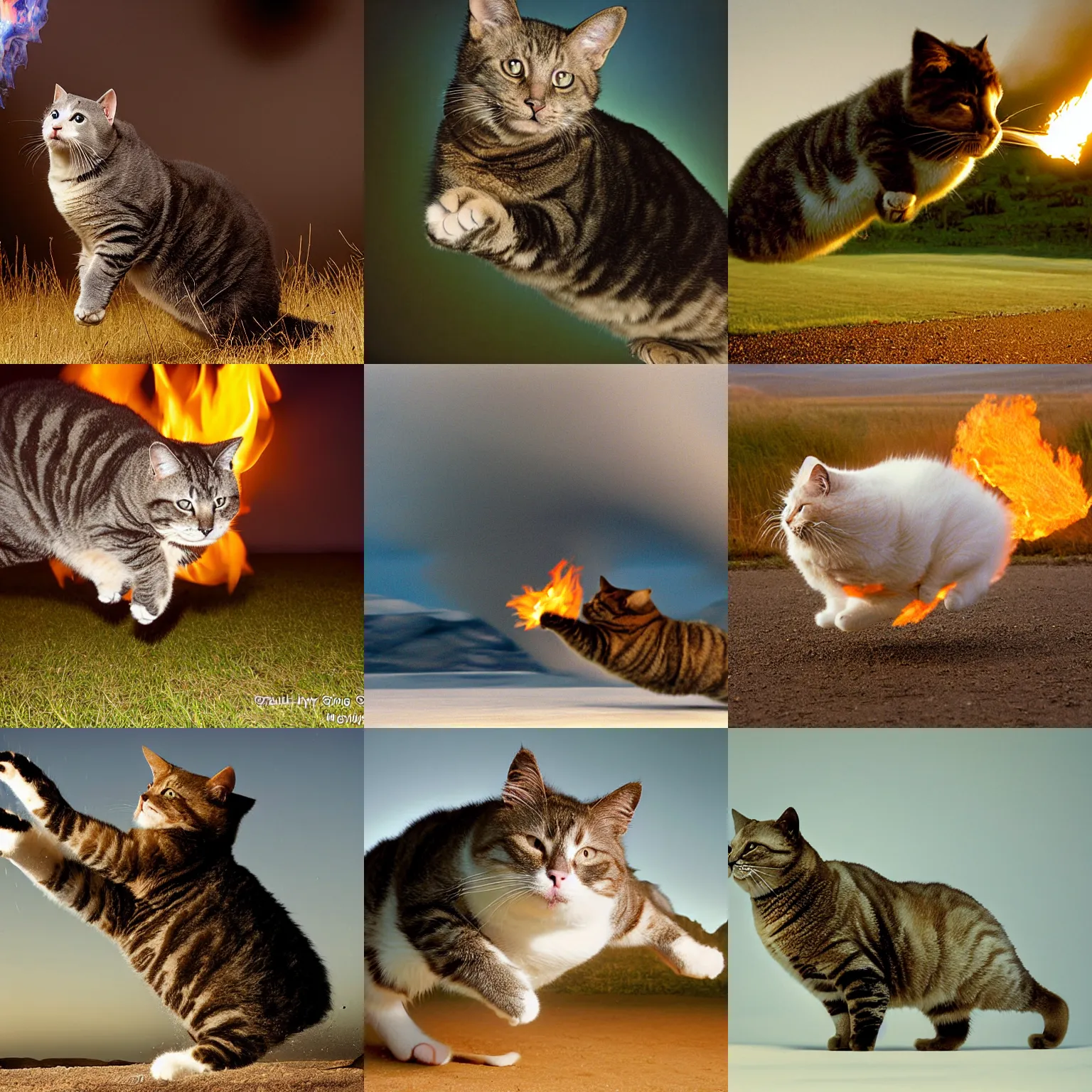 Prompt: award winning wildlife photography, a fat house cat, midair still shot, launching towards the camera at high speeds, jet propulsion, huge flame exhaust behind cat, high shutter speed, wildlife photography by Paul Nicklen, photography by Joel Sartore, photography by Skye Meaker, national geographic, perfect lighting, blurry background, bokeh