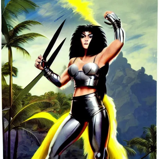 Image similar to 23-year-old muscular warrior girl wearing chrome silver armor, black spandex, electrified hair, wild spiky black hair, wild black hair, yellow eyes, tropical, palm trees, chrome buildings, futuristic base, 1987, Frank Frazetta, pulp art, video game box art, hyper-detailed