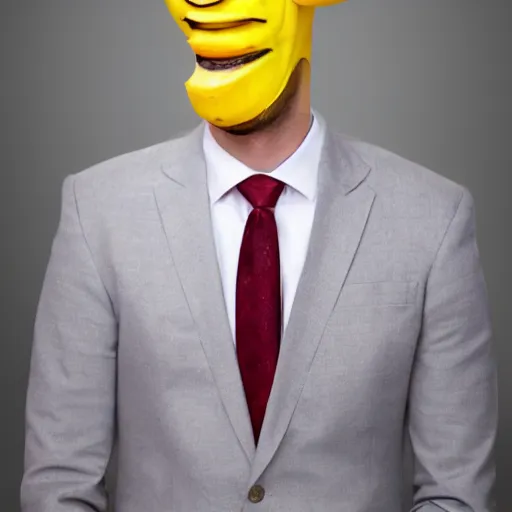 Image similar to banana head, a man wearing a suit banana head