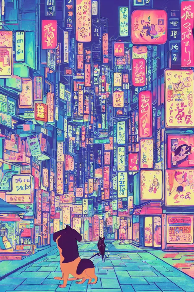 Image similar to a portrait of a shiba inu dog walking through neon streets of tokyo, in the style of studio ghibli, artistic, highly detailed