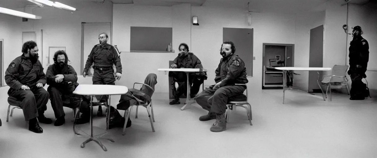 Image similar to filmic wide shot movie still 4 k uhd interior 3 5 mm film color photograph of two armed guards sitting down and talking in a break room in a military base, in the style of the horror film the thing 1 9 8 2