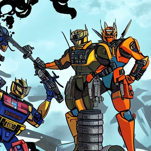 Image similar to GI Joe and Transformers mixed into a dream storybook illustration