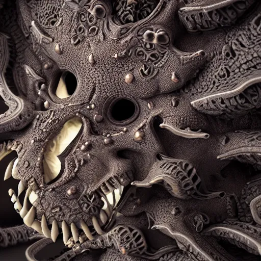 Prompt: Ultra detailed 3d render Macro of fractal dragon, fantasy skull, intricate ornate details, mandelbrot, octane render, 8k, high quality, volumetric lighting, smooth surface render