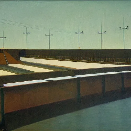 Prompt: hydroelectric dam, turbines, spillway, fish ladder, grant wood, pj crook, edward hopper, oil on canvas