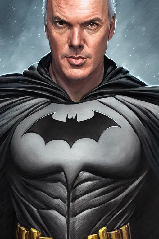 Image similar to Portrait of Michael Keaton as Batman, DC, justice league, cinematic lighting, intricate, elegant, highly detailed, digital painting, artstation, painted by Artgerm and Mark Waid and Greg Rutkowski and Mandy Jurgens and Snyder