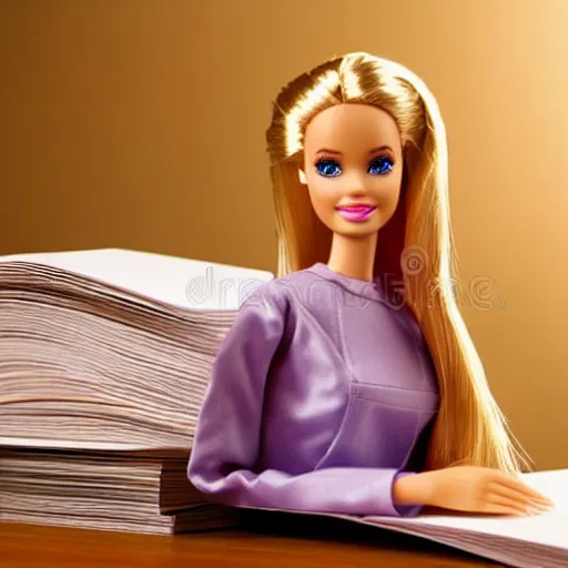 Prompt: a barbie doll with an exhausted!!!! expression sits at a desk with several large stacks of paper on it. her head is resting on her hand. stock photo, golden hour, photorealistic,
