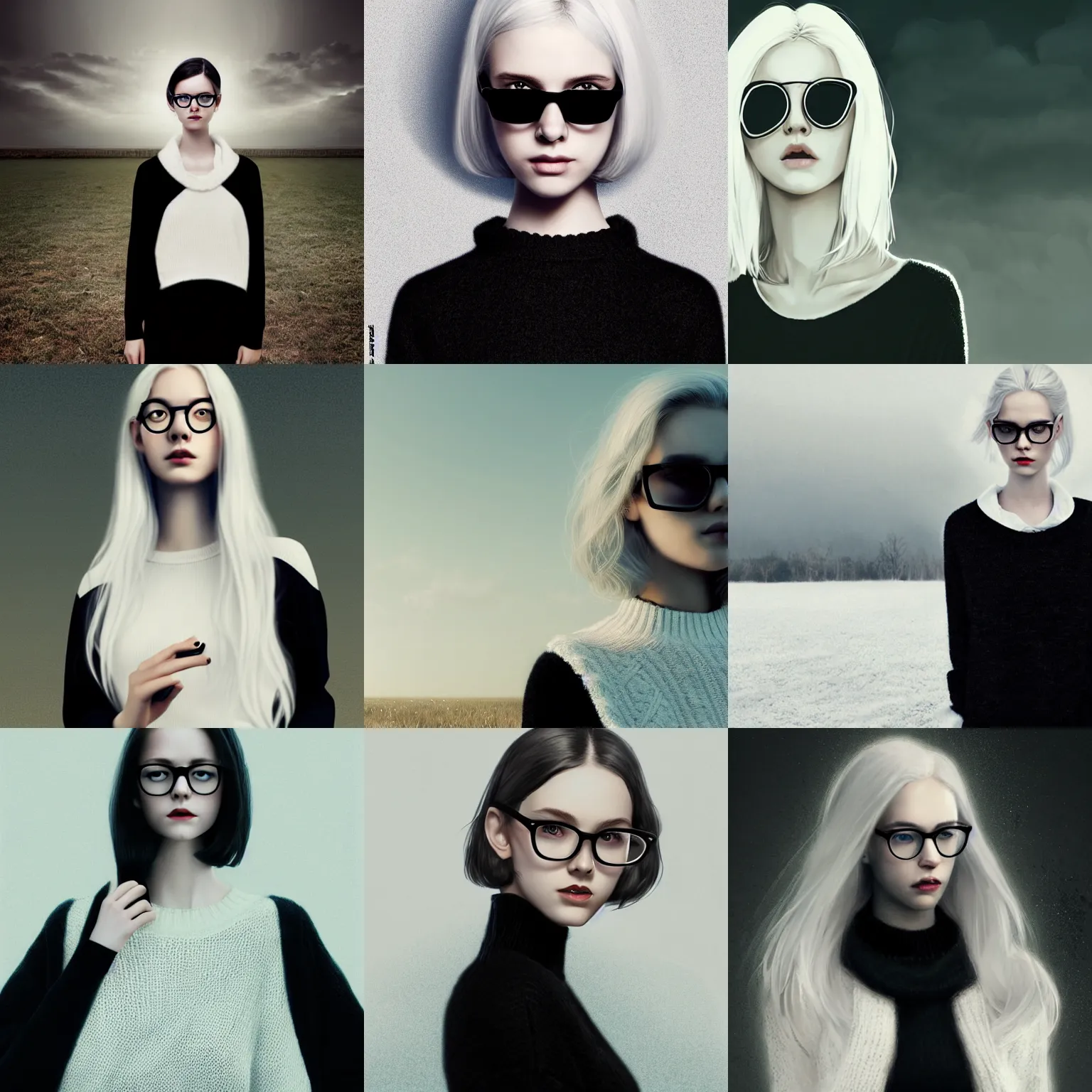 Prompt: cute girl white pale hair white white hair in black sweater black glasses standing field background by greg rutkowski key art feminine