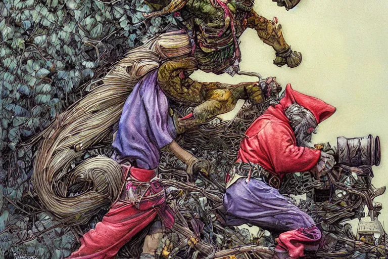 Image similar to a highly detailed garden gnome hanging off the back of a car in full speed, trying to hold on, desperate, wide angle, an ultrafine detailed painting by p. craig russell and barry windsor - smith, trending on deviantart, octane, masterpiece