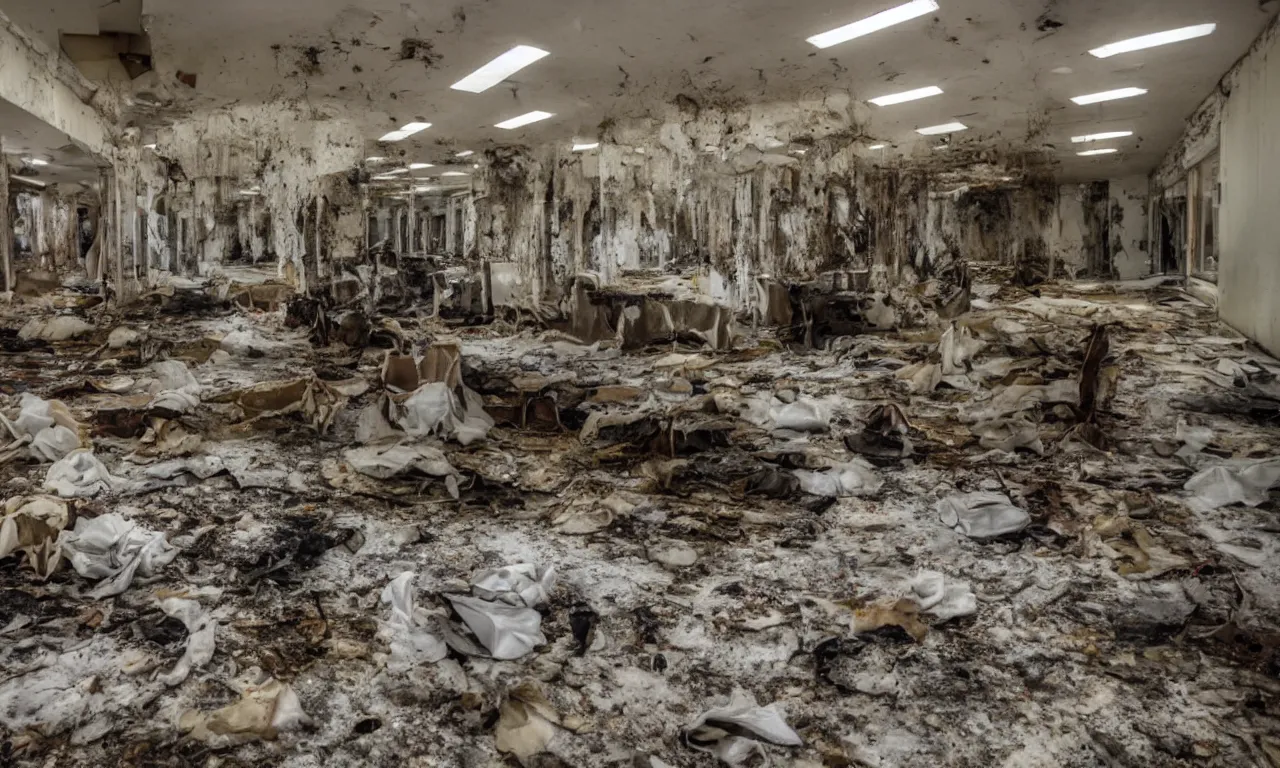 Image similar to backrooms abandoned mall, moldy walls and smoldering stuffed animals sitting in shallow water