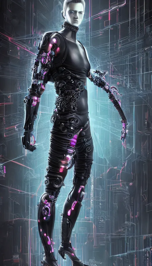 Image similar to full body head to toe portrait of a cyberpunk sci-fi cyborg netrunner bionic man, third person, D&D, sci-fi fantasy, matrix , intricate, black with shiny silver and pink fringe highlights, highly detailed, art by Range Murata, highly detailed, 3d, octane render, bright colors, digital painting, trending on artstation, sharp focus, illustration style of Stanley Artgerm, dramatic background