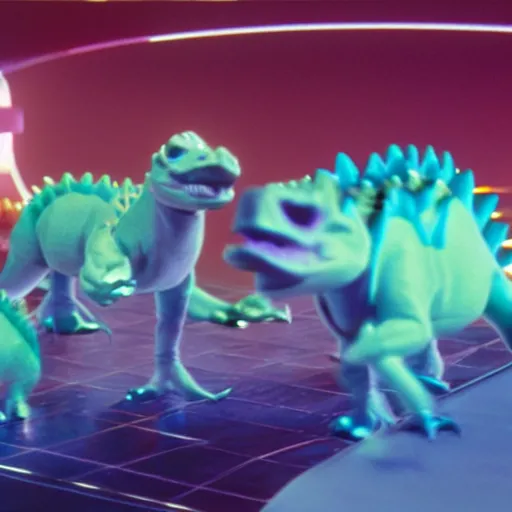 Image similar to baby dinosaurs in tron movie, cinestill