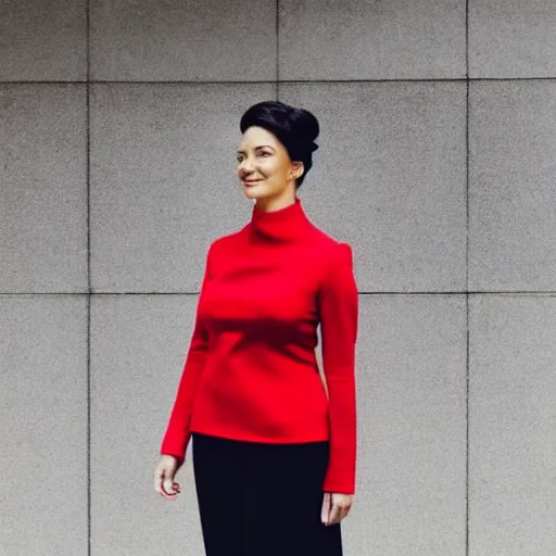 Image similar to a female lawyer in red, black hair in a bun