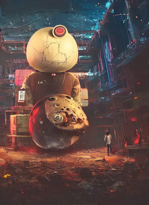 Image similar to giant destroyed head of cyberpunk mickey mouse surrounded by engineers, inside of abandoned netflix office, by beeple, dystopia, golden ratio, octane render, trending on artstation, 8 k