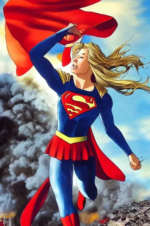 Prompt: a dramatic scene of supergirl leaping onto a tank and smashing it, on a battlefield, smoke, fires, explosions, comic art by jim burns, close - up, low angle, wide angle, highly detailed
