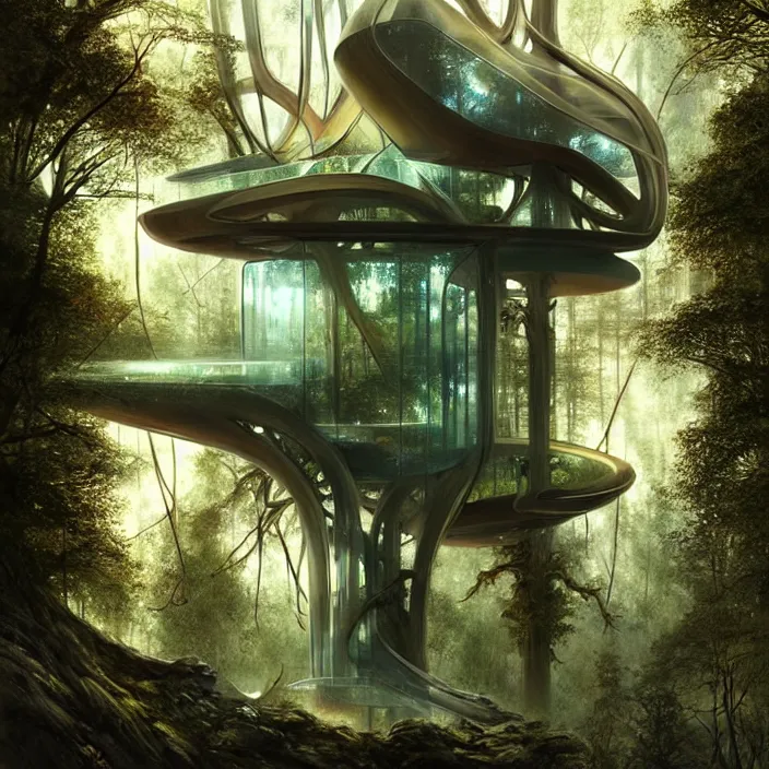 Prompt: modern futuristic all glass treehouse deep in ancient forest, dramatic lighting, fantasy, intricate, elegant, highly detailed, lifelike, photorealistic, digital painting, artstation, illustration, concept art, smooth, sharp focus, art by John Collier and Albert Aublet and Krenz Cushart and Artem Demura and Alphonse Mucha