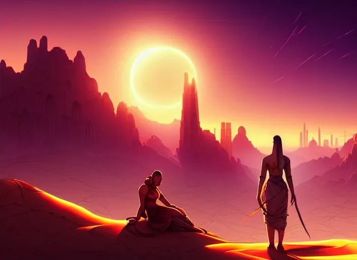 Image similar to science fiction pc game point - and - click adventure, daedalic entertainment, desert with city in the skyline, two suns, purple orange colors, sharp focus, illustration, highly detailed, digital painting, concept art, matte, art by wlop and artgerm and greg rutkowski and alphonse mucha, masterpiece