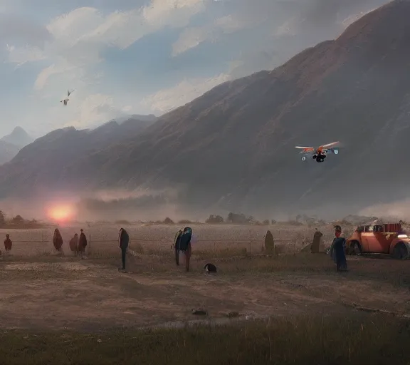 Prompt: photo from a drone, people near the plane at the airfield, painting by craig mullins, octane rendering, soft morning lighting, wide angle lens, in the style of hayao miyazaki, trending on artstation,