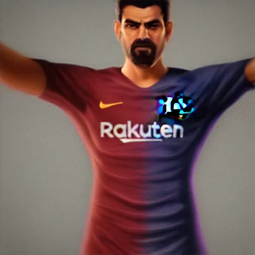 Image similar to portrait, body and torso, saddam hussain, fc barcelona, jersey number 1 0, dark blue, maroon red, unreal engine 5, trending on artstation, master piece, octane render, art by artgerm and greg rutkowski and alphonse mucha