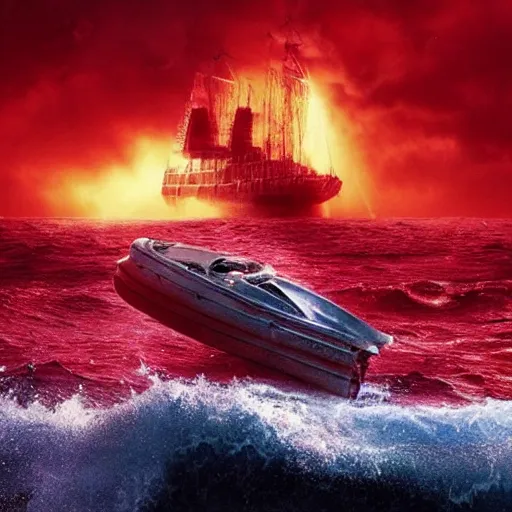 Image similar to anti - christ rising from a red ocean. ominous. vivid color detailed photograph from a 2 0 2 0 s blockbuster vfx horror movie. a small capsized boat in the background.
