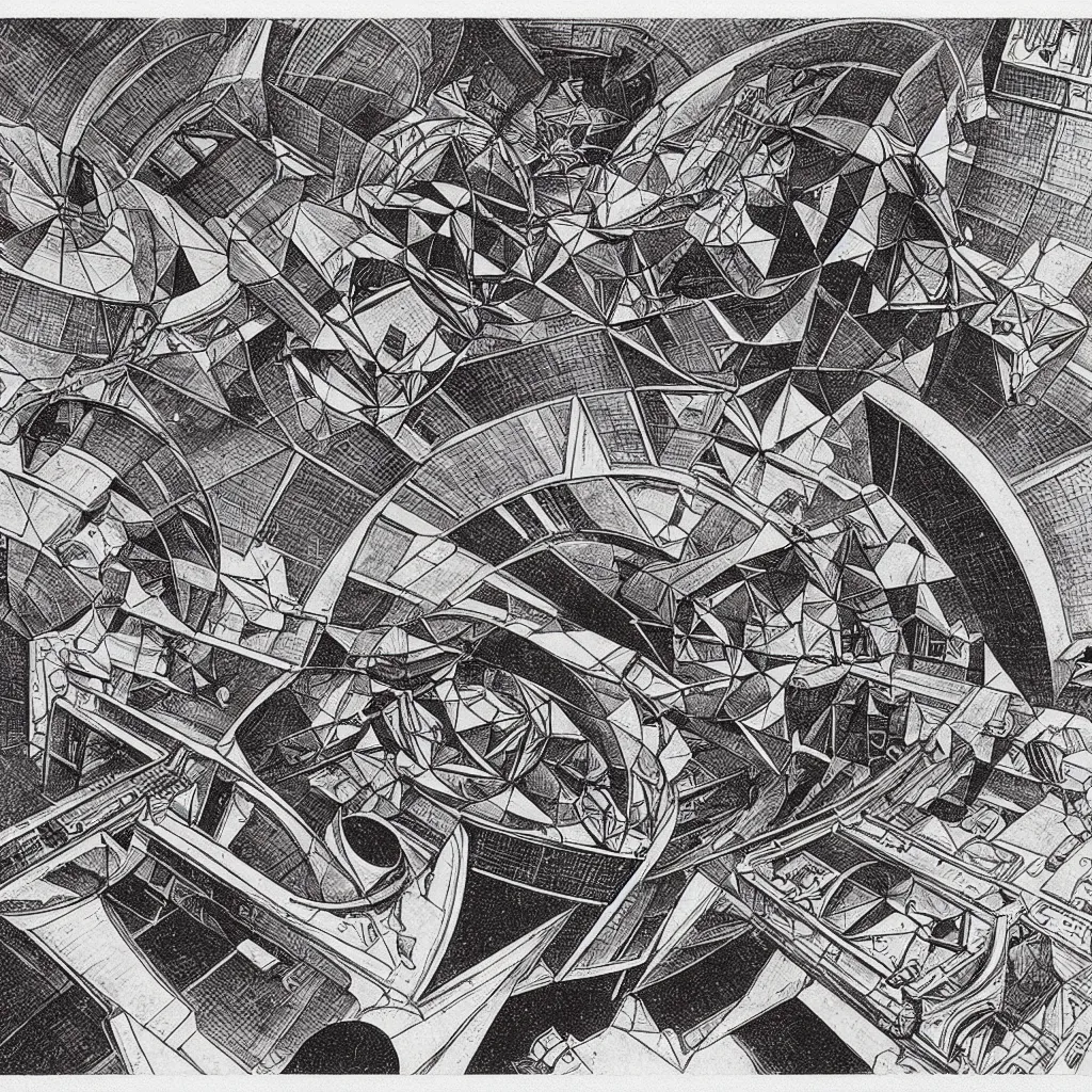 Prompt: a spaceship with an impossible geometry by m. c. escher
