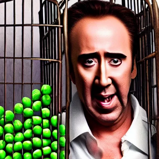Prompt: nicolas cage trapped in a wicker cage being covered in peas, screaming, movie still, hdr