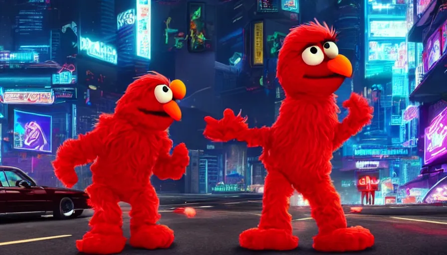 Image similar to elmo performs a drive - by shooting in cyberpunk night city