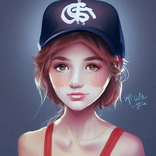 Prompt: portrait of a young cute girl, wearing a baseball hat, freckles, art by Laia Lopez, rossdraws, Artgerm, trending on artstation.