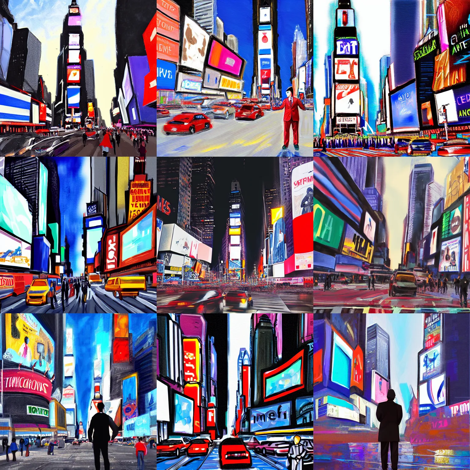 Prompt: a digital painting of a giant man standing on Times Square
