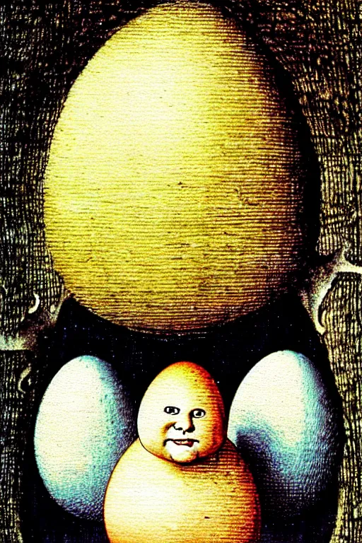 Image similar to hieronymus bosch painting of egg shaped humpty dumpty