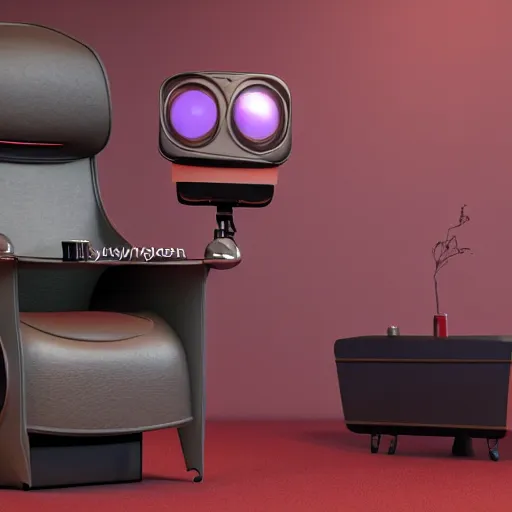 Image similar to futuristic studious matte brown and red and chrome full-body humanoid robot with two huge round expressive sad purple glowing LED eyes and open rectangular mouth sitting on a large comfortable cushioned 1950s vintage recliner reading a newspaper. open newspaper. Cinematic Movie Photograph, Arri Alexa, Extremely Detailed, smooth, very very clean, 8K, octane render, maya render, unreal engine, trending on artstation, DSLR, excellent composition, center frame