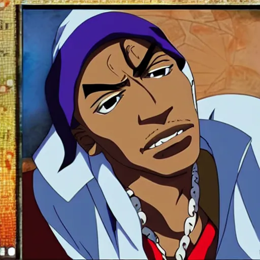 Image similar to Tupac Shakur, screenshot from a 2012s anime, anime