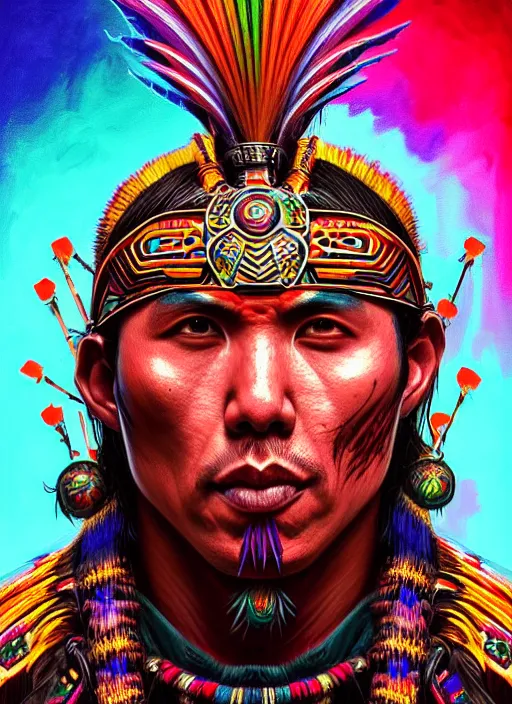 Prompt: portrait of donnie yen, hyper detailed ultra sharp aztec shaman warrior. trending on artstation, warpaint aesthetic, bloodwave, colorful, psychedelic, ornate, intricate, digital painting, concept art, smooth, sharp focus, illustration, art by artgerm and greg rutkowski and h. r. giger, 8 k