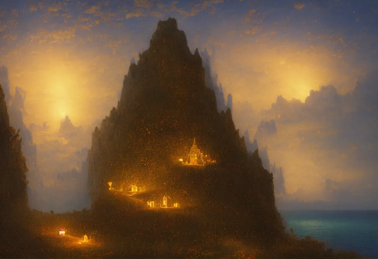 Image similar to a beautiful ultradetailed painting of a single gilded cathedral at the edge of a cliff next to a deep blue sea illuminated by orange fireflies, albert bierstadt, makoto shinkai, 8 k, light effects, trending on artstation