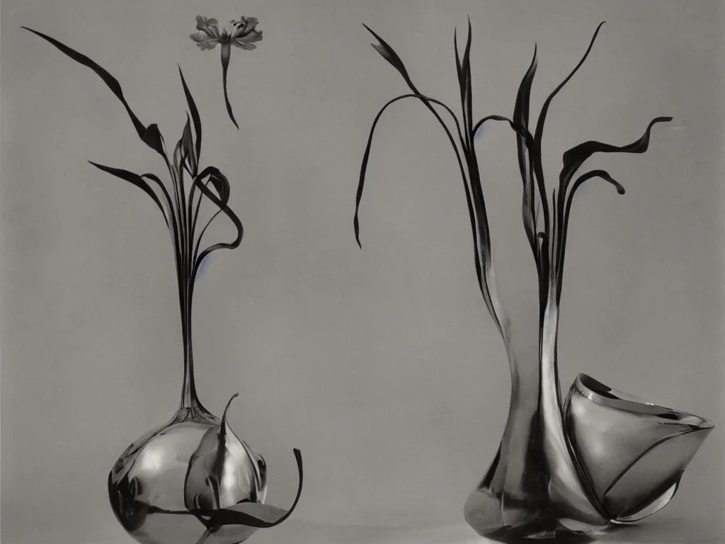 Image similar to flaming gothic vase, pot, jug in the shape of a iris flower. karl blossfeldt, salvador dali