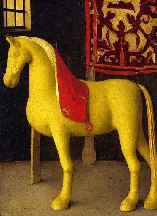 Prompt: wooden horse toy, medieval painting by jan van eyck, johannes vermeer, florence