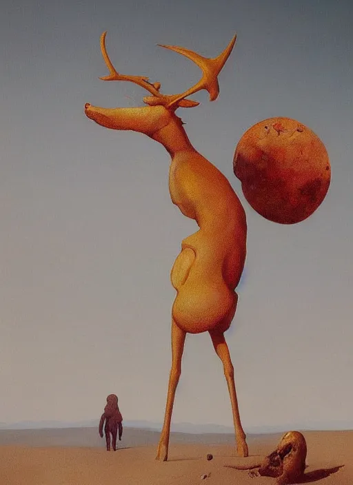 Image similar to a deer horned astronaut stands atop a melting dinosaur on the moon, Edward Hopper and James Gilleard, Zdzislaw Beksinski, Mark Ryden, Wolfgang Lettl highly detailed, hints of Yayoi Kasuma, Odilon Redon. Drexler