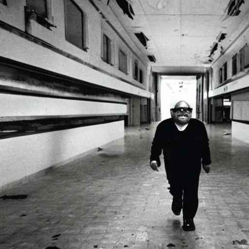 Image similar to A creepy photo of Danny Devito chasing you in an abandoned shopping mall, disposable film