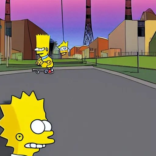 Prompt: 3D realistic (Bart Simpson) skateboarding around a neighborhood full of obstacles, nosey neighbors, nuclear power plant in the distance