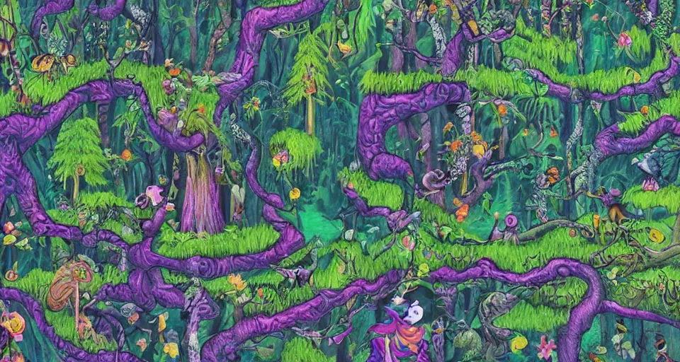 Image similar to A dense and dark enchanted forest with a swamp, by Lisa Frank,