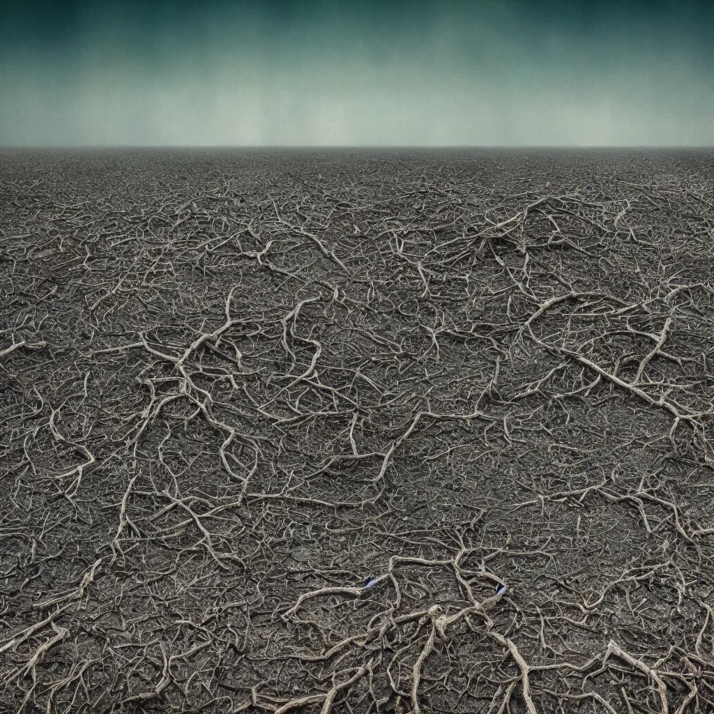 Prompt: a dry and dead forest in an ocean of iridescent oil, oil spill, dust, dirt, wind, advertising photography, 8 k, by nadav kander