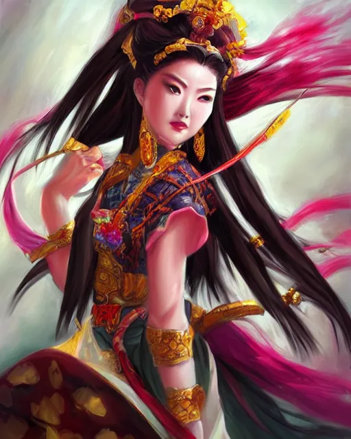 Image similar to diao chan from romance of three kingdoms in the paintetly style of WLOP, artgerm, brush stroke oil painting, imagine fx, artstation