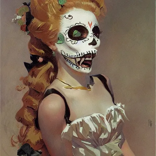 Prompt: Poster art of a cute Día de los Muertos girl by J. C. Leyendecker