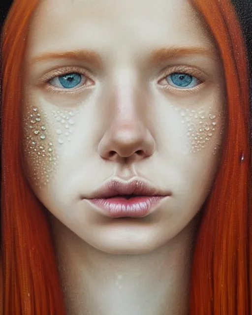 Prompt: portrait of an ethereal ginger freckled woman with water droplets, hypnotic eyes, with rain drop patterns, closeup, by mary jane ansell