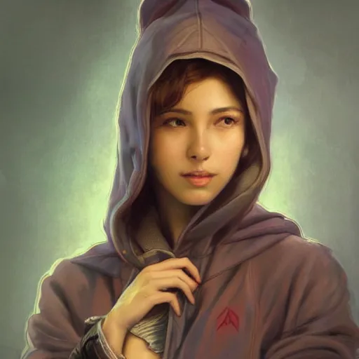 Prompt: character portrait of Mata Hari girl in a hoodie, relaxing mood, intricate, wild, highly detailed, digital painting, artstation, upper body, concept art, smooth, sharp focus, illustration, art by artgerm and greg rutkowski and alphonse mucha