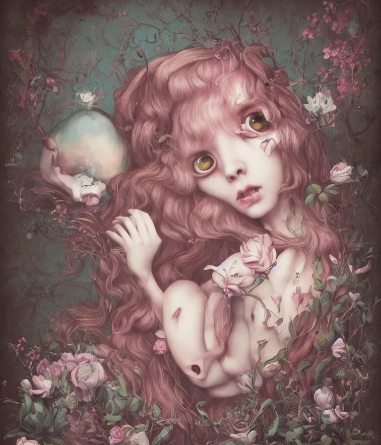 Image similar to pop surrealism, lowbrow art, realistic alone cute alice girl painting, japanese street fashion, hyper realism, muted colours, rococo, natalie shau, loreta lux, tom bagshaw, mark ryden, trevor brown style