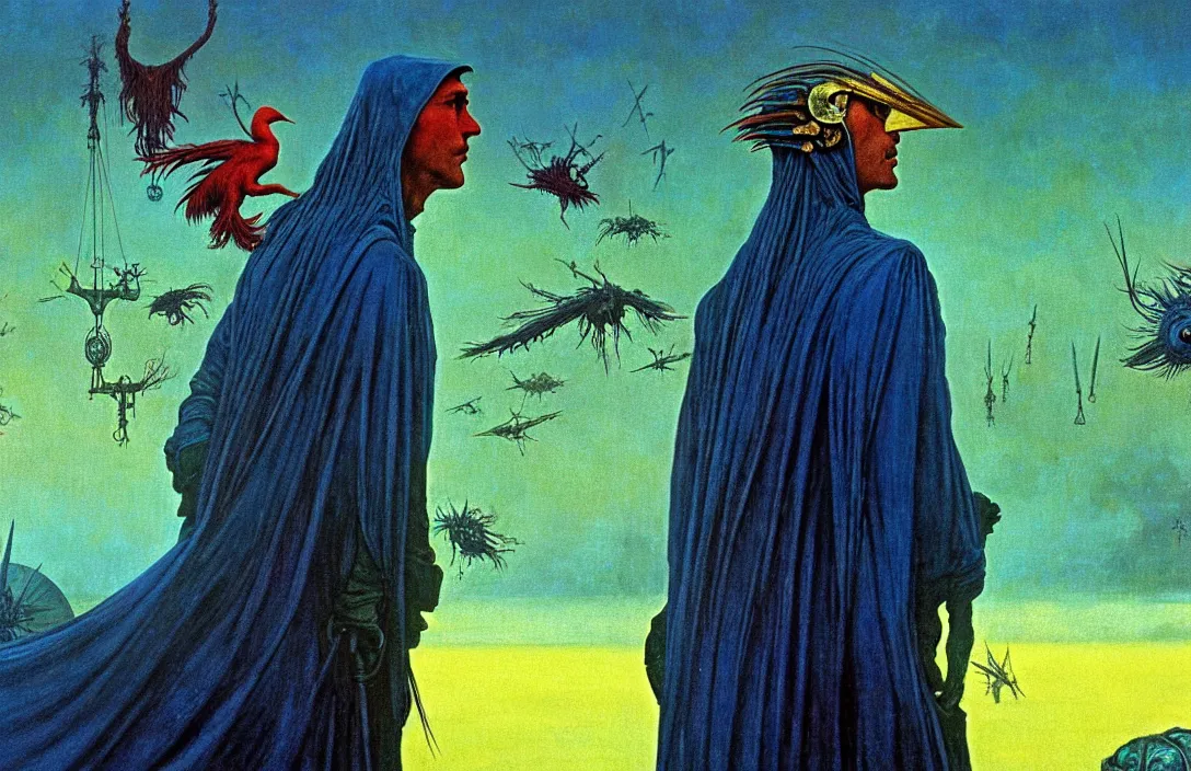 Image similar to extremely detailed portrait film shot of a birdman wearing dark ragged robes, scifi city sunrise landscape background by denis villeneuve, amano, yves tanguy, alphonse mucha, ernst haeckel, max ernst, roger dean, dramatic closeup composition, rich moody colours, blue eyes