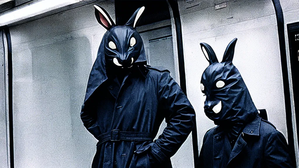 Prompt: a man in a trench coat wearing a black rabbit mask standing on the subway with a knife, film still from the an anime directed by Katsuhiro Otomo with art direction by Salvador Dalí, wide lens