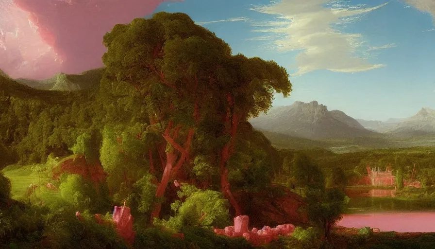 Image similar to pink american landscape, painted by thomas cole